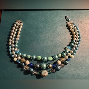Vintage Chic Multi-Strand Blue and White Beaded Necklace